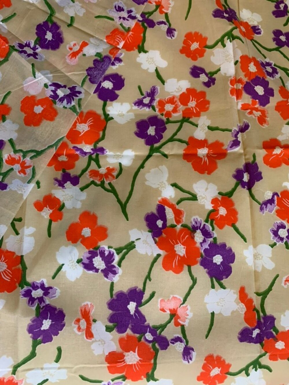 Vintage MCM Mod Floral Fabric 46" x 84" Asian Inspired Orange Purple White Tan